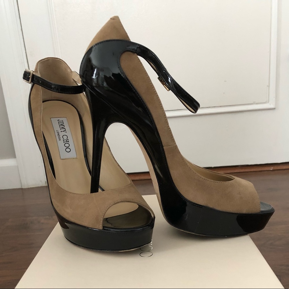 Jimmy Choo “Tami” suede patent leather peep toe